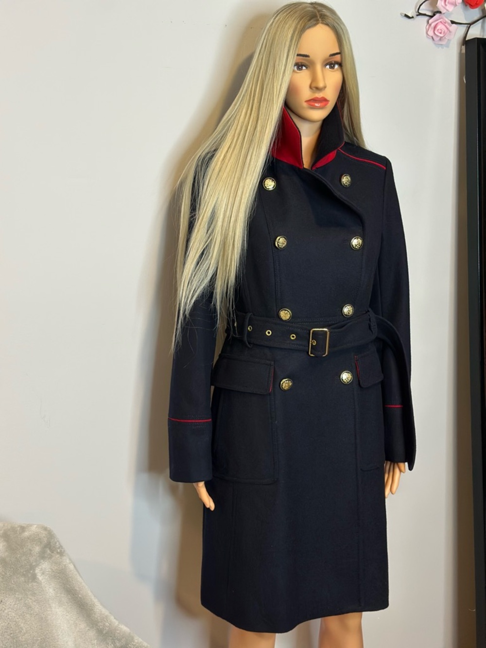 Vince Camuto Wool Navy Double-Breasted Trench Coat with Red Trim Sz S like new - Picture 6 of 12